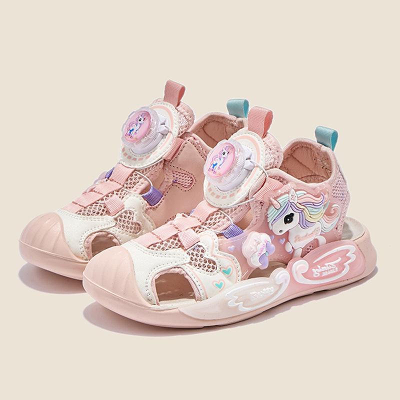 Summer new rotating buckle children's sandals boys and girls bag head shoelace lights boys bag head sandals kick-proof children