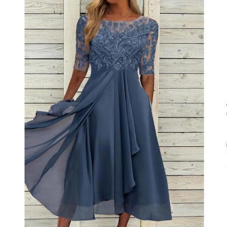 2025 Elegant European Long Bridesmaid Dress Chiffon Lace Hollow Evening Gown