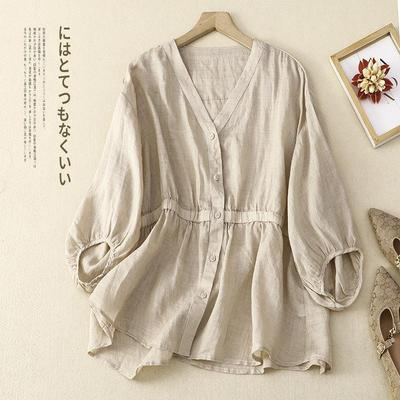 2025 Spring/Summer Women's V-neck Waist-Cinching Cotton Linen Top - Loose, Slimming, Versatile, Five-Sleeve Shirt