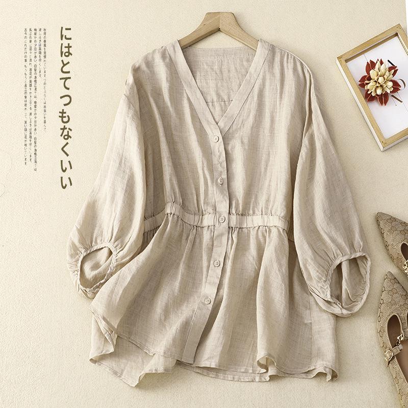 2025 Spring/Summer Women's V-neck Waist-Cinching Cotton Linen Top - Loose, Slimming, Versatile, Five-Sleeve Shirt