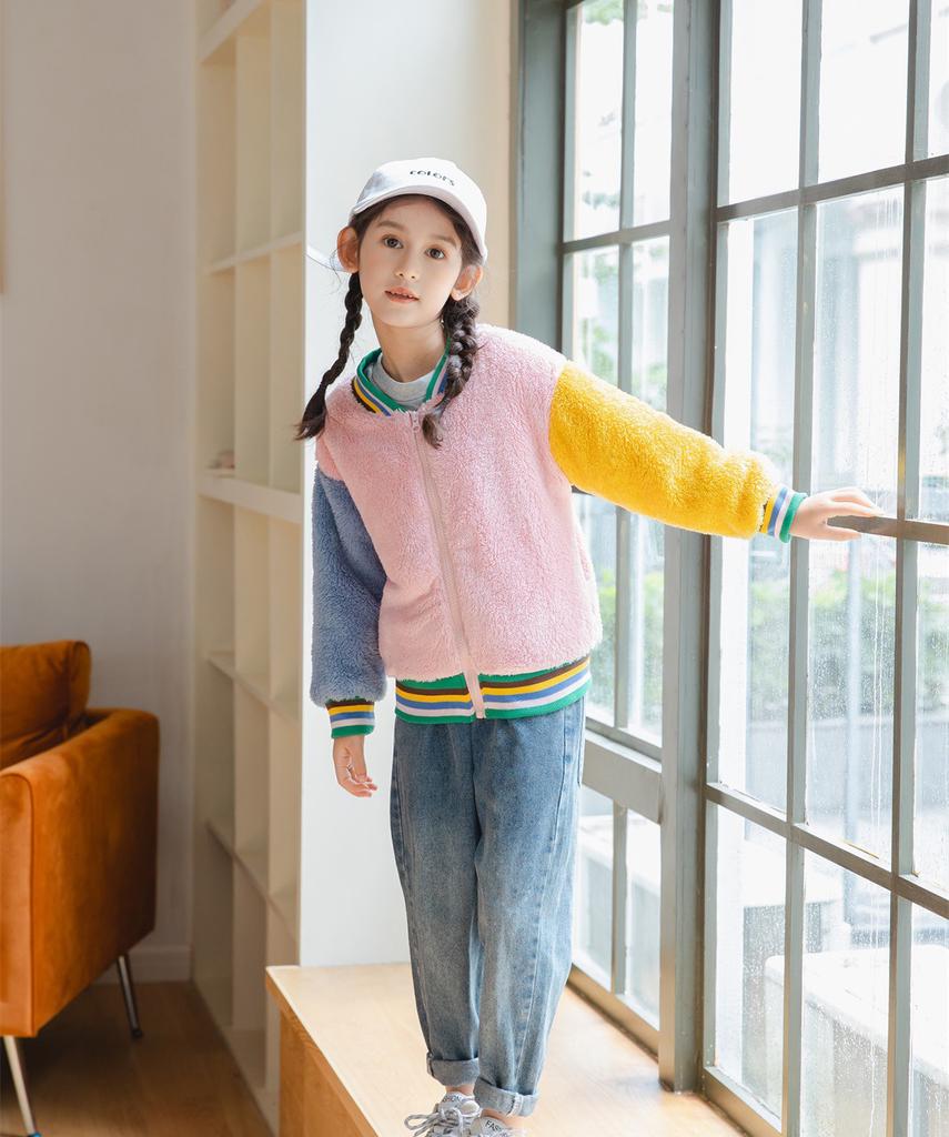 Fleece Children's Jackets Splicing Sleeve Cute Warm Fleece Boys and Girls Casual Sweater Warm Coat