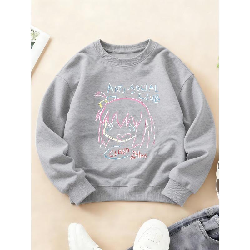 Kids Crewneck Sweatshirt, Anti-Social Anime Girl Loungewear Graphic Print Top for Autumn Winter
