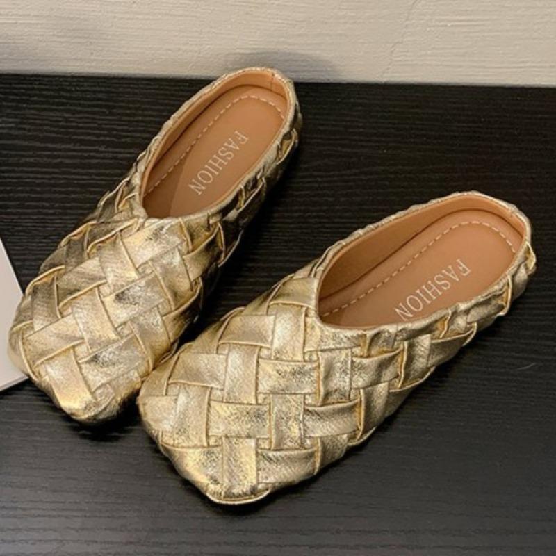 Fashion Spring New, Style Flat Sandals for Women Fashion Square Head Mid-mouth Woven Soft Sole Anti-slip Wear-resistant Slippers