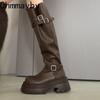 Autumn Winter Belt Buckle Women Knee High Boots Fashion Thick Heels Punk Style Knight Long Booties  De Mujer