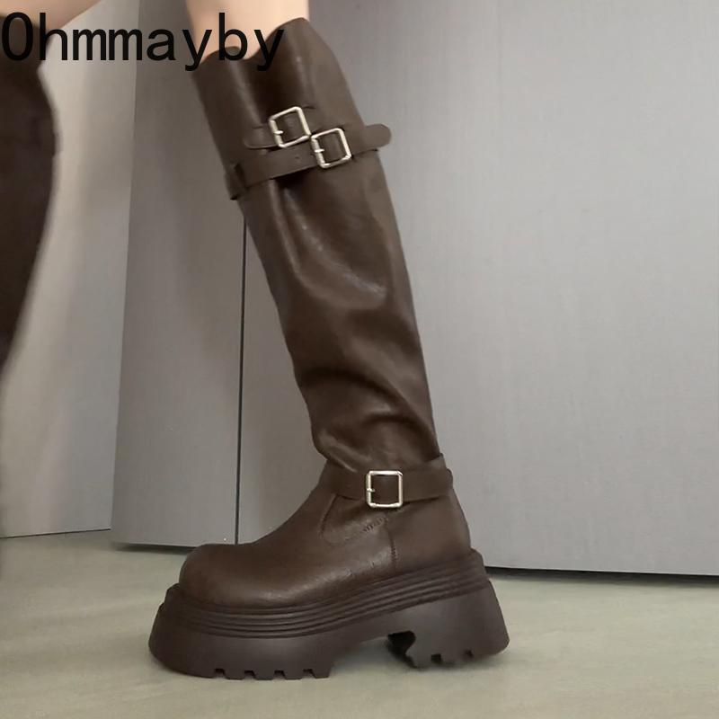 Autumn Winter Belt Buckle Women Knee High Boots Fashion Thick Heels Punk Style Knight Long Booties  De Mujer