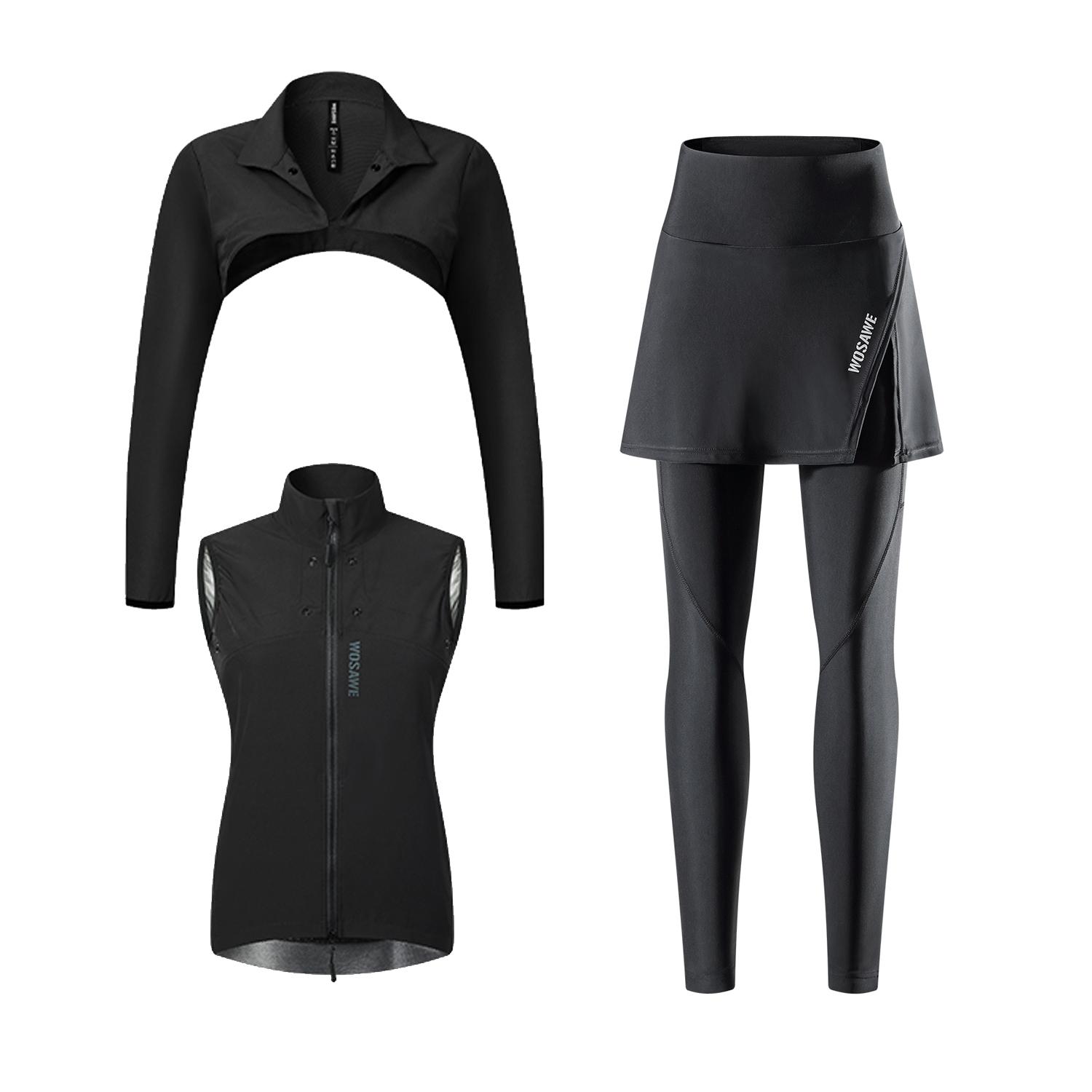 

WOSAWE женские ветрозащитные комплекты для велоспорта, велосипедная ветровка, велосипедный жилет, длинные штаны для велосипеда, 5D гелевые подушечки XS чёрный