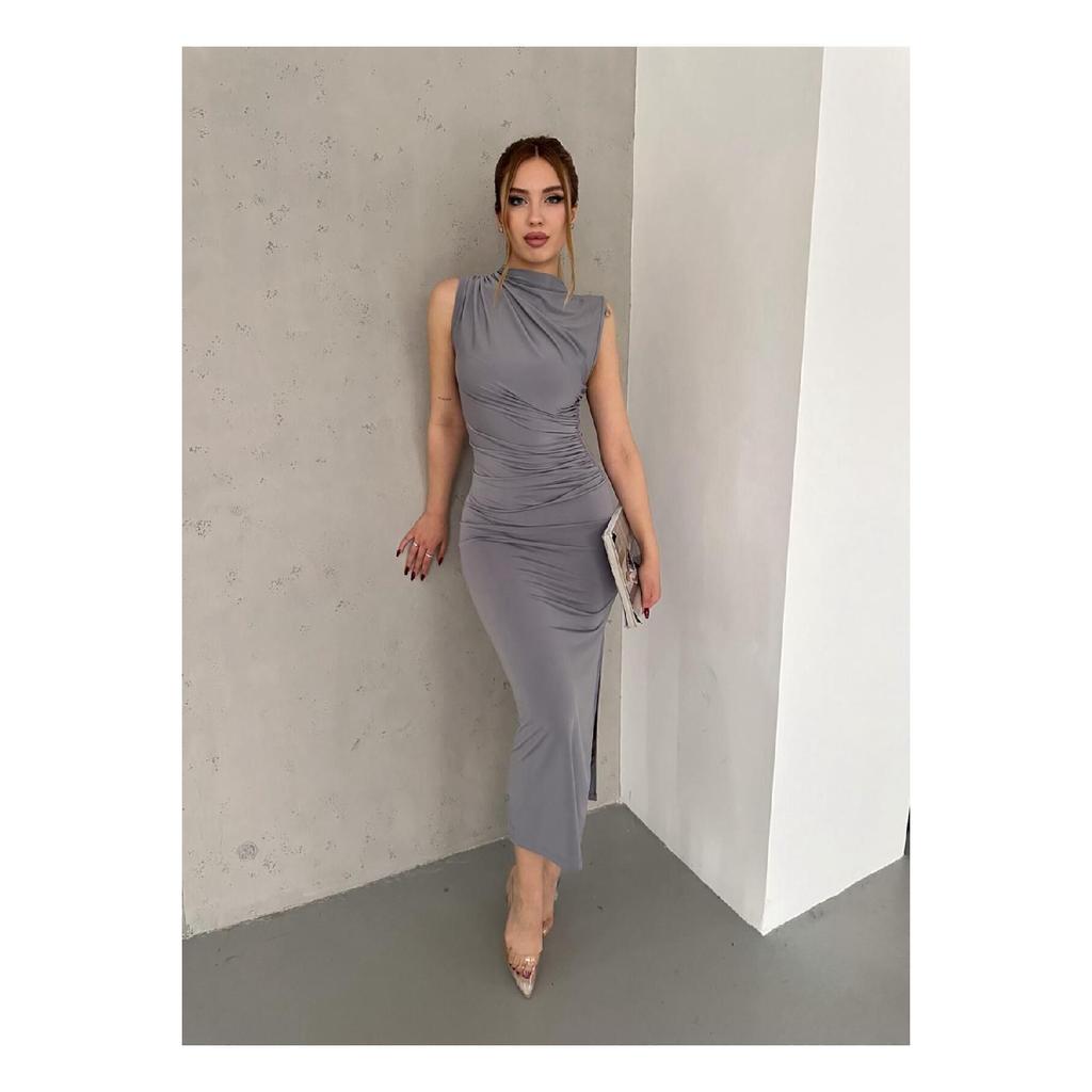 Elegance Navy Blue Dress With Draped Shoulder And Waist Parts, Zero Sleeves And Slit Detail