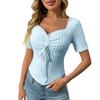 Women's Fashion Color V Neck Pleated Drawstring Sexy Short Sleeved Top