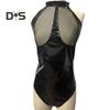 Women Honeymoon Bodysuit Fishnet Faux Leather Patchwork Off Shoulder Bodycon Chain Decor Open Crotch Playsuit Nightclub Hotel Wedding Night Sex