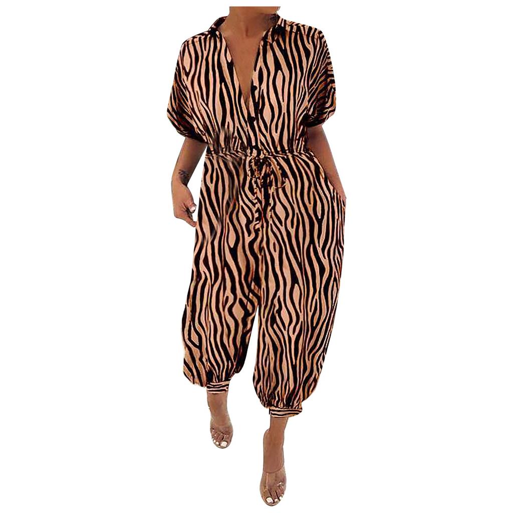 Leopard Jumpsuit Female Retro Female Short-Sleeved Button Casual Pants Loose