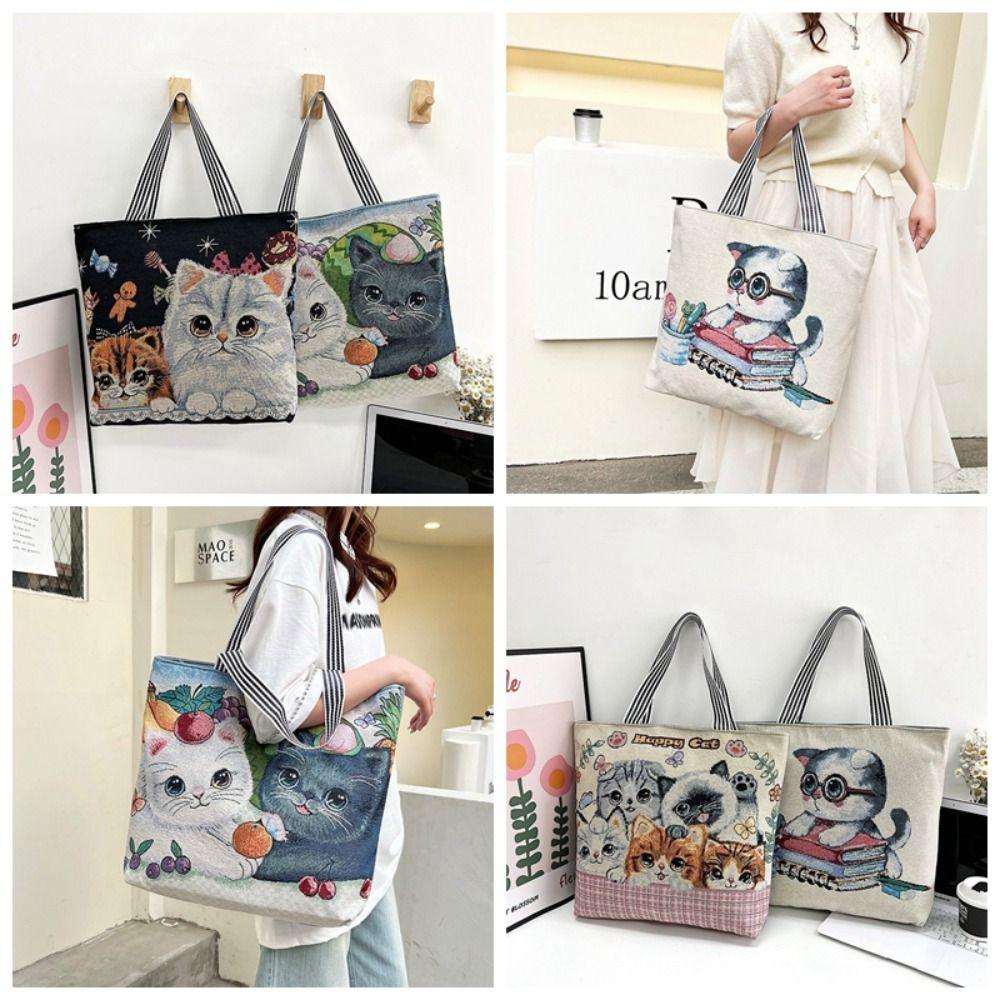 

Large Capacity Ethnic Style Handbag Embroidery Animal Shoulder Bag Cute Cat Cloth Bag Girls