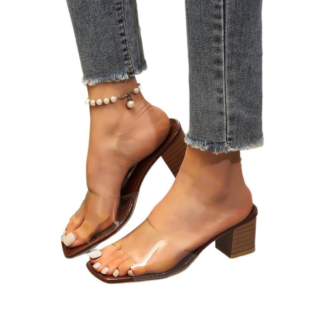 2025 summer new women's shoes simple and fashionable transparent upper one-character square head thick heel high heels slippers women