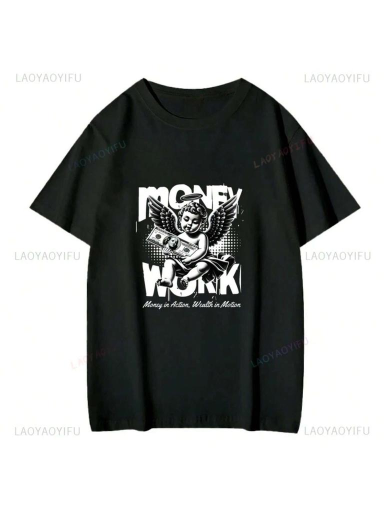 Money - Retro Style Work Angel Graphic Print Shirt, Suitable For Everyday Wear, Unisex Stylish Casual Cotton T-Shirt