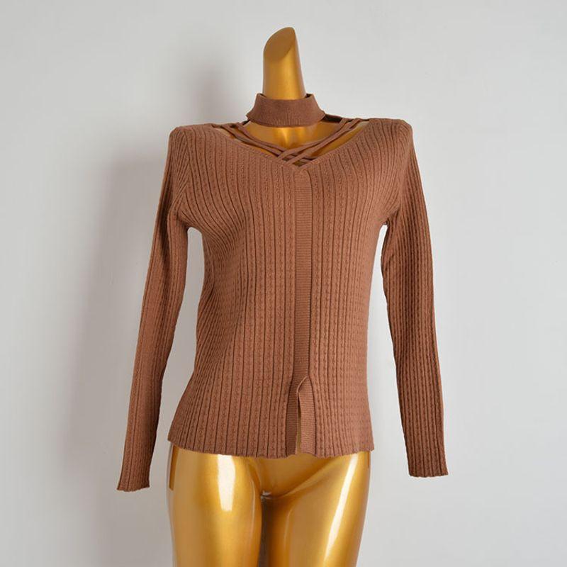 Fall and Winter New Fashion Sexy Halterneck Cross V-neck off-Shoulder Long Sleeves Bottoming Shirt Sweater Women's Long Sleeve Knitwear