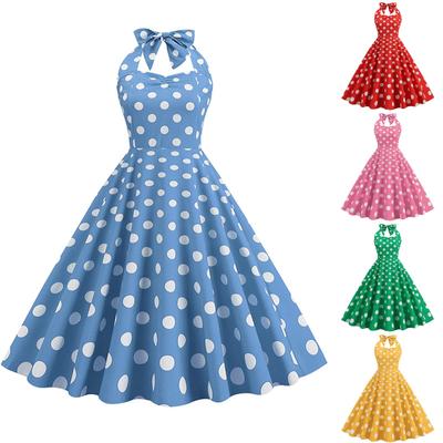Damenkleid Temperament Frühling und Sommer Wellenpunkt hängender Hals langes kleines Kleid