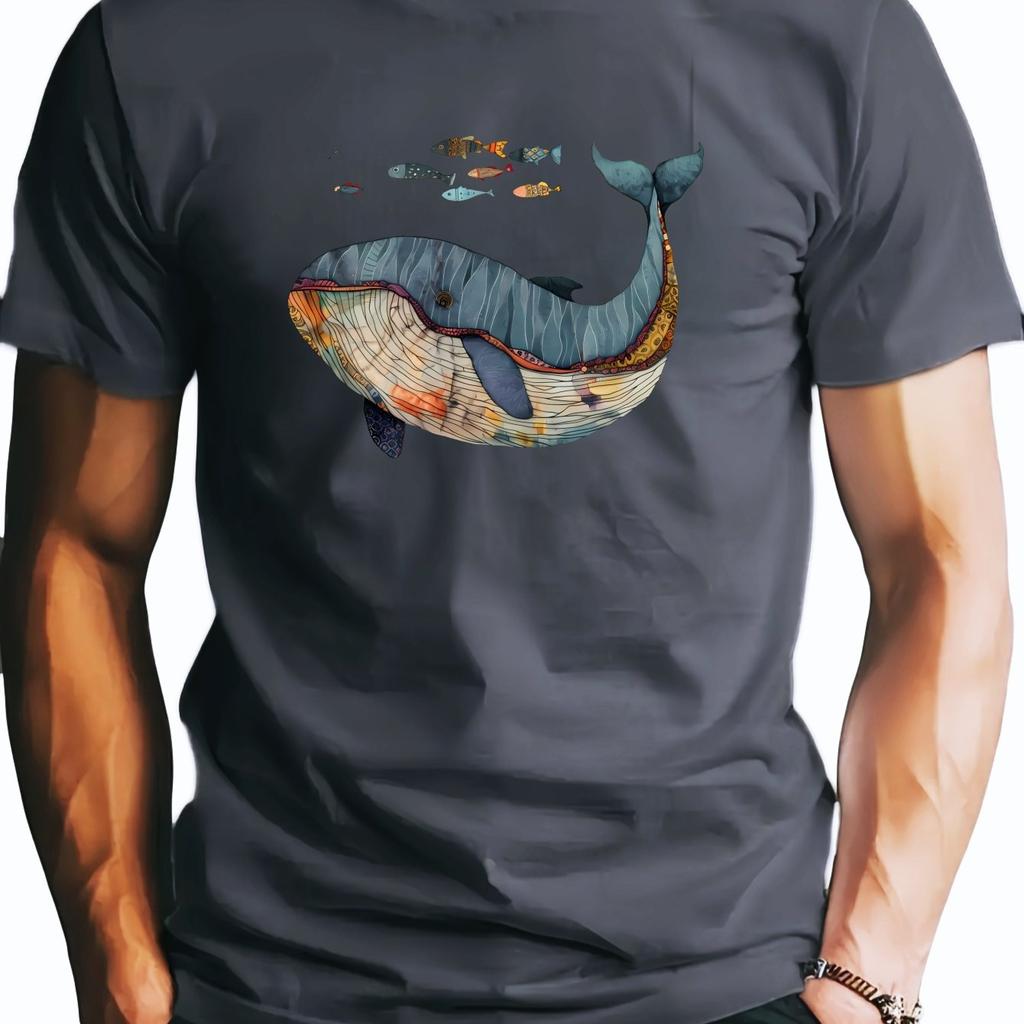 Herren T-Shirt mit Walfisch-Print Weiches Polyester Kurze Ärmel Rundhalsausschnitt Perfekt für den Sommer Herrenbekleidung