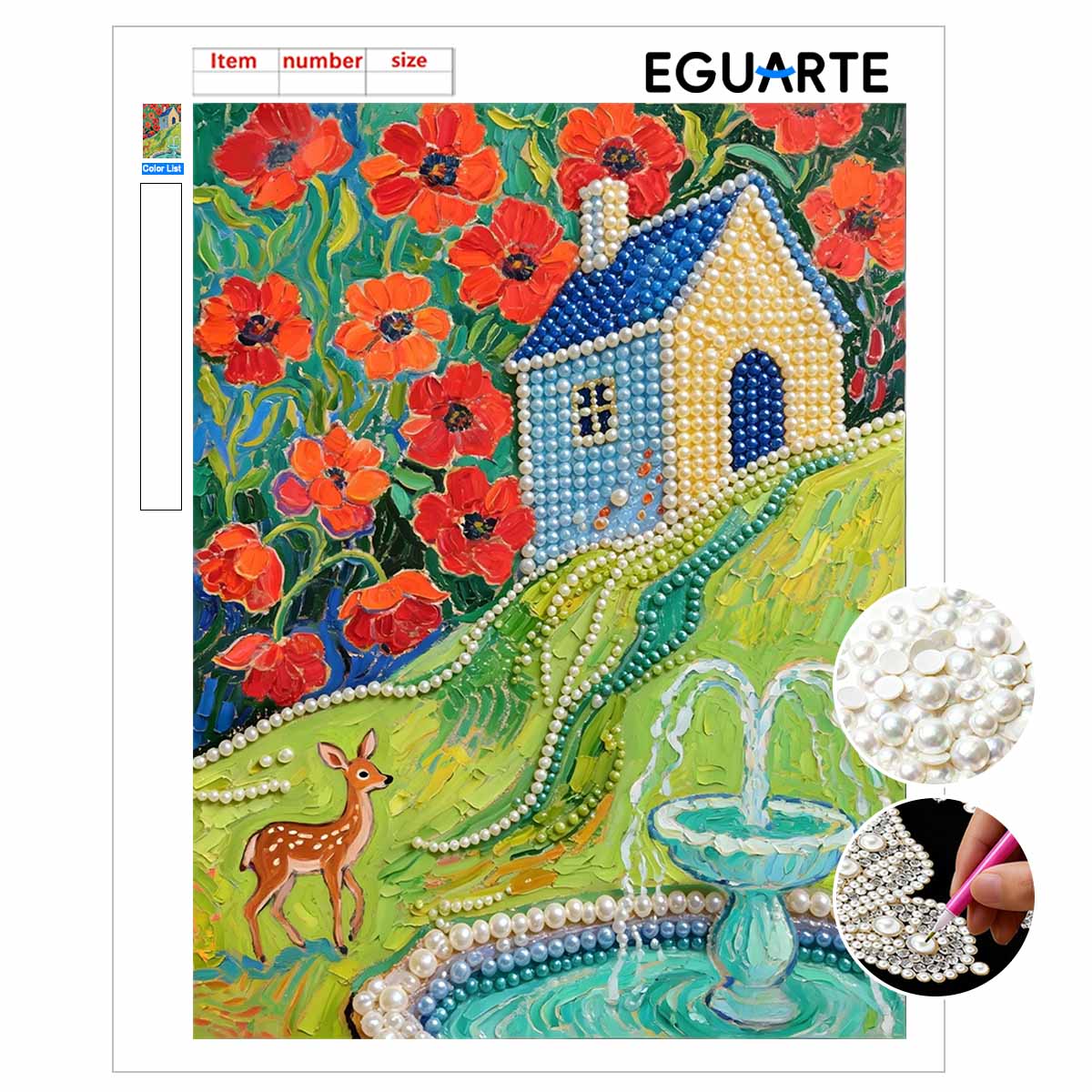 Pearl painting handmade DIY 5D pearl deer house flower fountain pattern decorative hanging painting 30x40