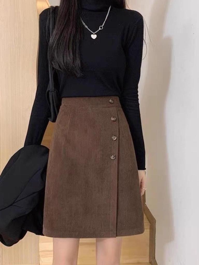 Korean Style Slimming Corduroy A-Line Skirt with Elastic Waist and Single-Breasted Design for Autumn/Winter