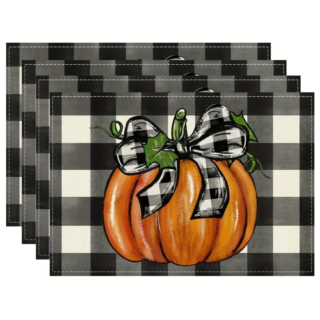 1PC Thanksgiving Halloween Pumpkin PlaceMat Watercolor Checkered Bow Design Linen Meal Mat Full of Festival Atmosphere Durable