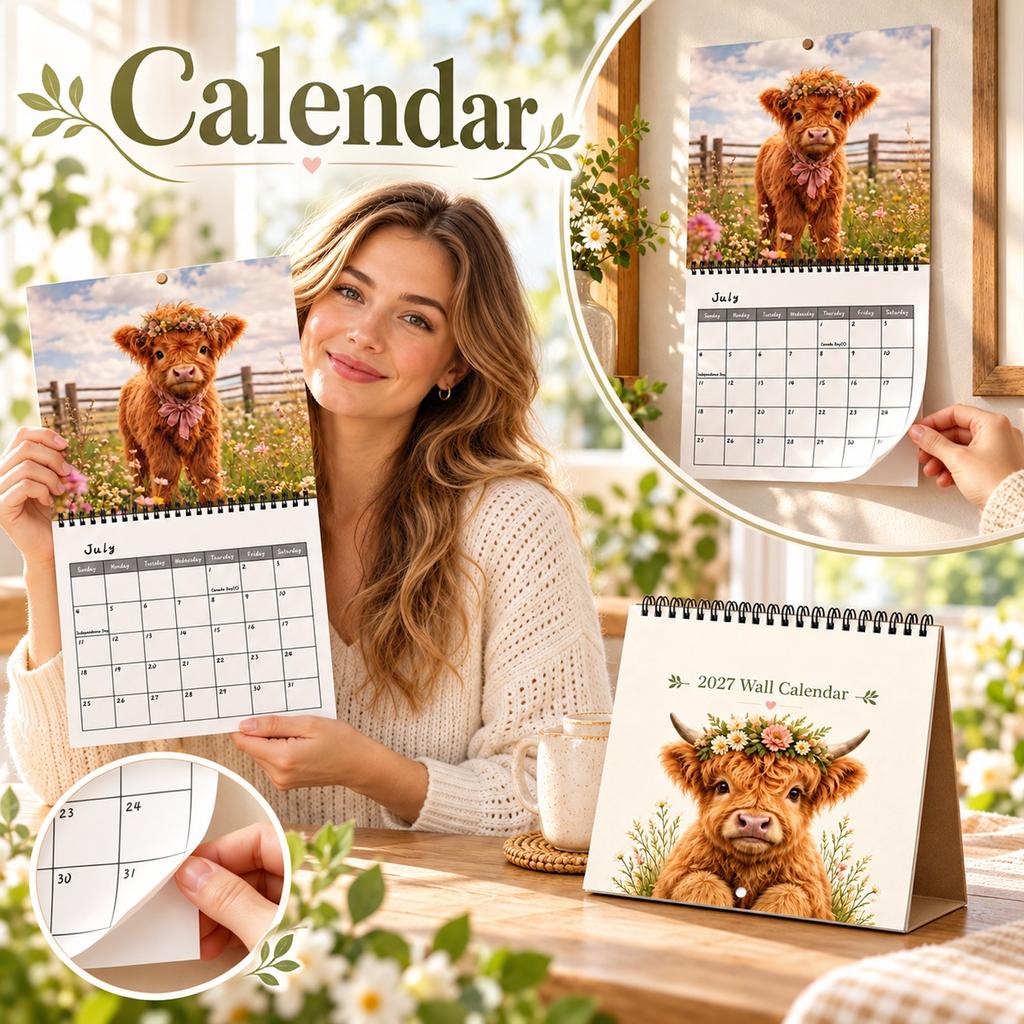 2027 New Cow Wall Calendar, 12 Month Calendar with, Cute Cow Decor for Home