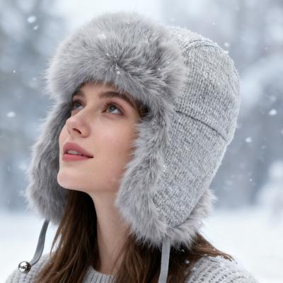 Bombermütze Damen Winter Dick Warm Gestrickte Wollmütze Herren Outdoor Kältefest Imitat Kaninchenfell Ohrenschutzmütze