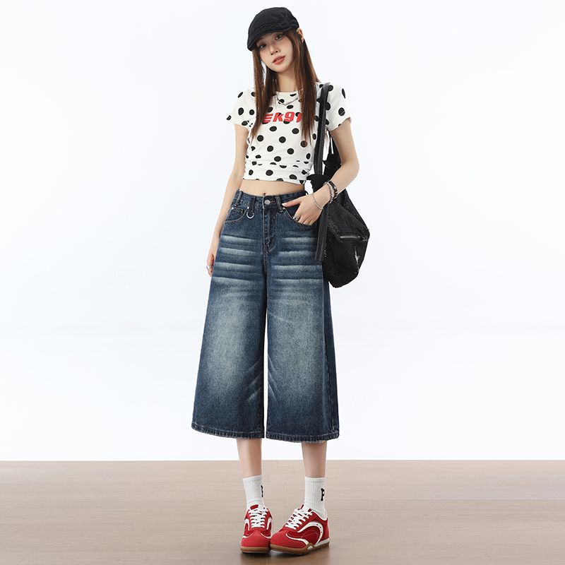 Trendy Summer Vintage Blue Loose Straight Denim Cropped Capri Pants Versatile Slimming Basic Daily Trousers