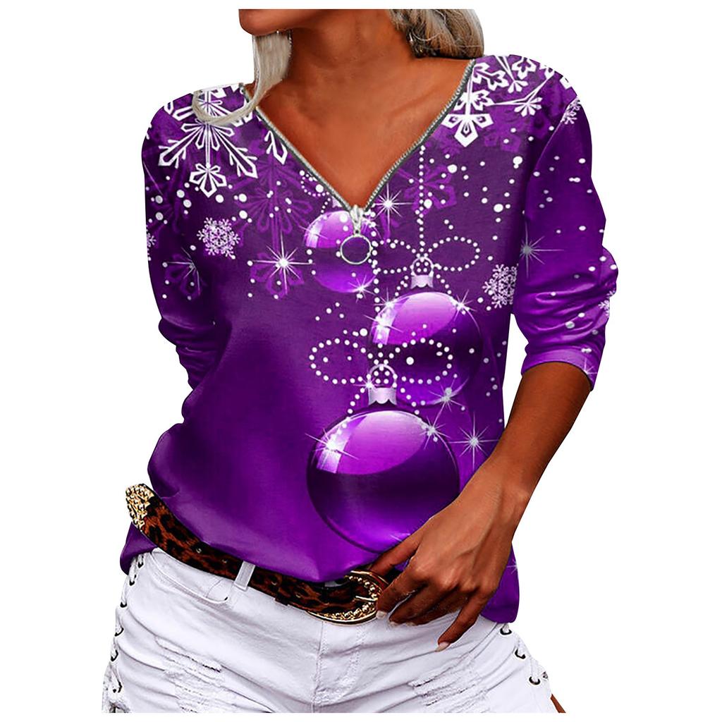 Women's Fashion Casual Snowflake Print Long Sleeve V-neck Zip T-Shirt Top