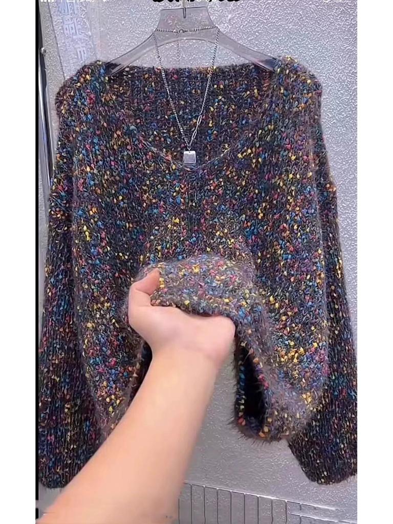 Pulover tricotat leneș cu decolteu în V și buline colorate pentru femei - Toamnă/Iarnă 2025