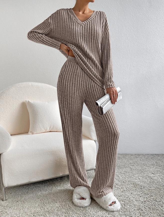 2025 Autumn Women's Cross-border Casual V-neck Rib-knit Set with Loose Straight-leg Pants