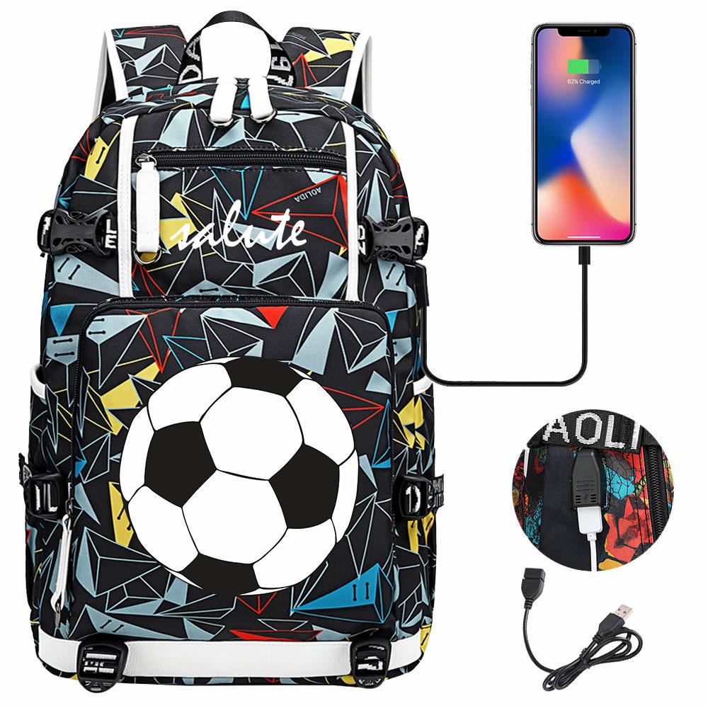 Soccer Print College Student Backpack with USB Charging Port Large Capacity Back To School Bags Women Men Laptop Travel Mochila