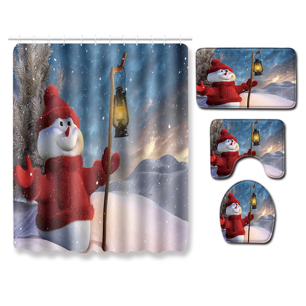 Christmas Shower Curtain Floor Mat Combination Four-Piece Set Bathroom Toilet Carpet Shower Room Mat Foot Mat