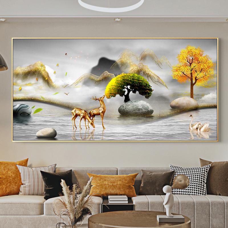 Chinese Feng Shui Golden Rich Tree Canvas Painting Wall Art Deer Landscape Lucky Stone Posters Wall Art for Living Room Decor