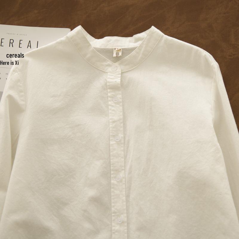 

2025 Spring Women s Artistic Academy Style Cotton Linen Stand Collar Shirt XXL брудно-білий