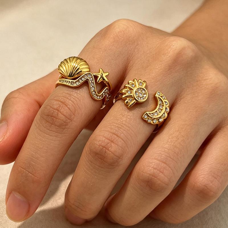 Stainless Steel Rhinestone Ring Women Sun Moon Shell Line Layered Open Ring Fashion Beach Vacation Style Jewelry Accessories