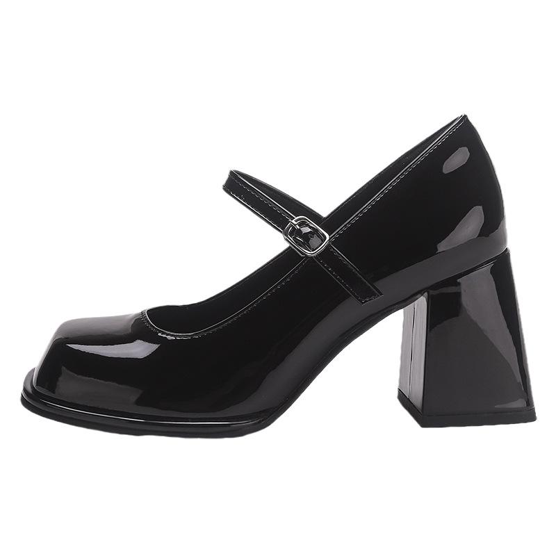 High heels women's retro black college style one-word buckle square head thick sole thick heel small leather shoes Mary Jane single shoes
