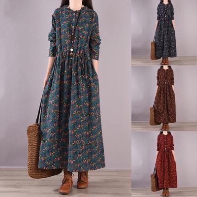 Women's Fashion Ethnic Style Floral Long Sleeve Large Size Waist Dresses