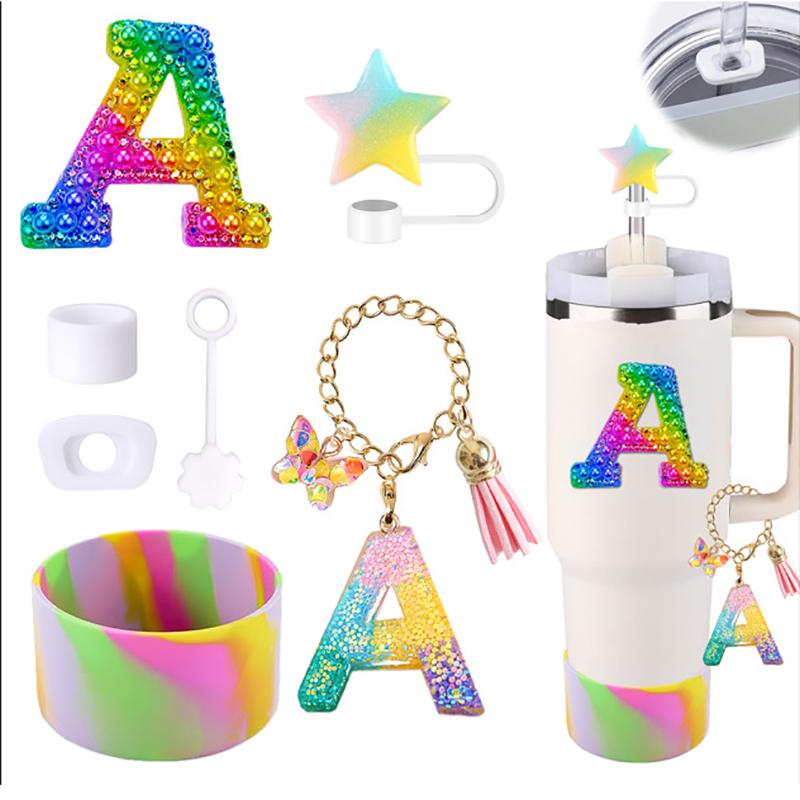 

Straw Sleeve Dazzling Colorful Letters Butterfly Pendant Pearl Handheld Chain Tassel Decoration Resin Straw Cap For Stanley Cup