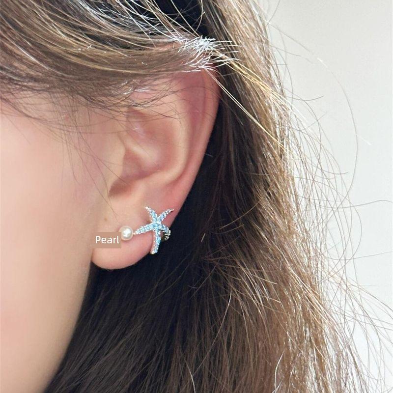 

Zoozmini Simple Summer Beach Blue Starfish Stud Earrings Sweet and Cute Small High-End Earrings Fresh Earrings Pearls 6mm