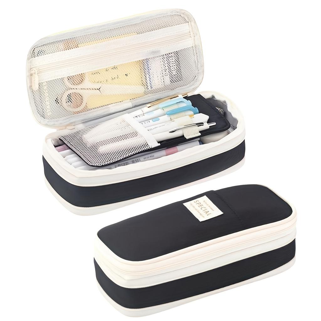Black Canvas Pencil Case Double Zipper Large Capacity Stationery Storage Bag for Students