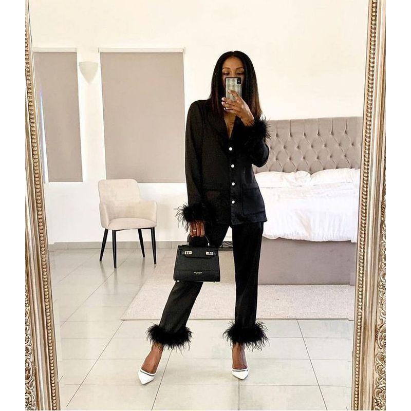 European and American Cross-Border Fashion Feather Cuff Pajamas Set Long Sleeve Trousers Lapel Pocket Home Wear Two-piece Set Suit
