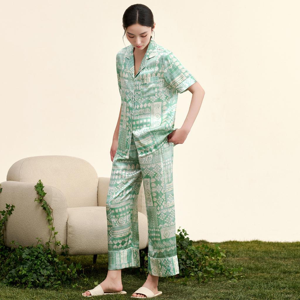 100% Mulberry Silk Fashionable High-End Edging Printed Short-Sleeved Pants Home Suit Set for Women