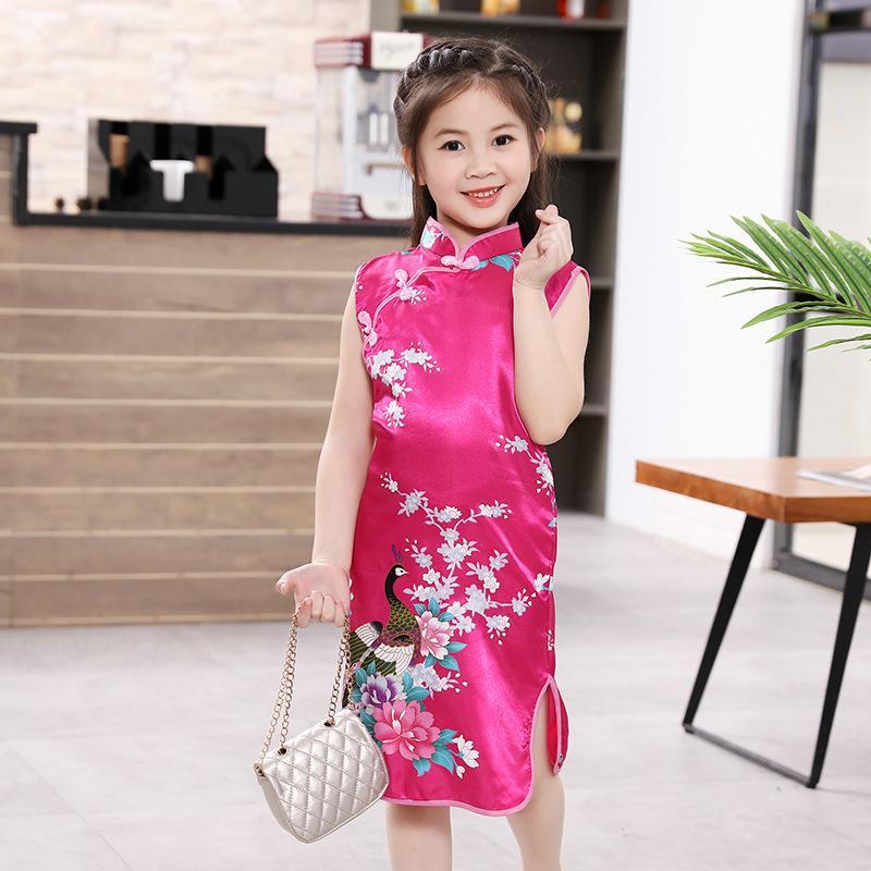 Girls' Classic Red Peacock Qipao: Children's Chinese Style Costume for New Year & Performances (Spring/Summer).