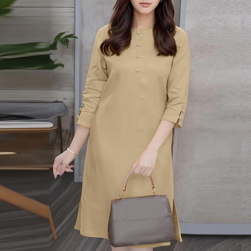 

ZANZEA Женское повседневное платье с круглым вырезом, однотонное, с рукавом 3/4, свободного прямого кроя 4XL абрикосовый