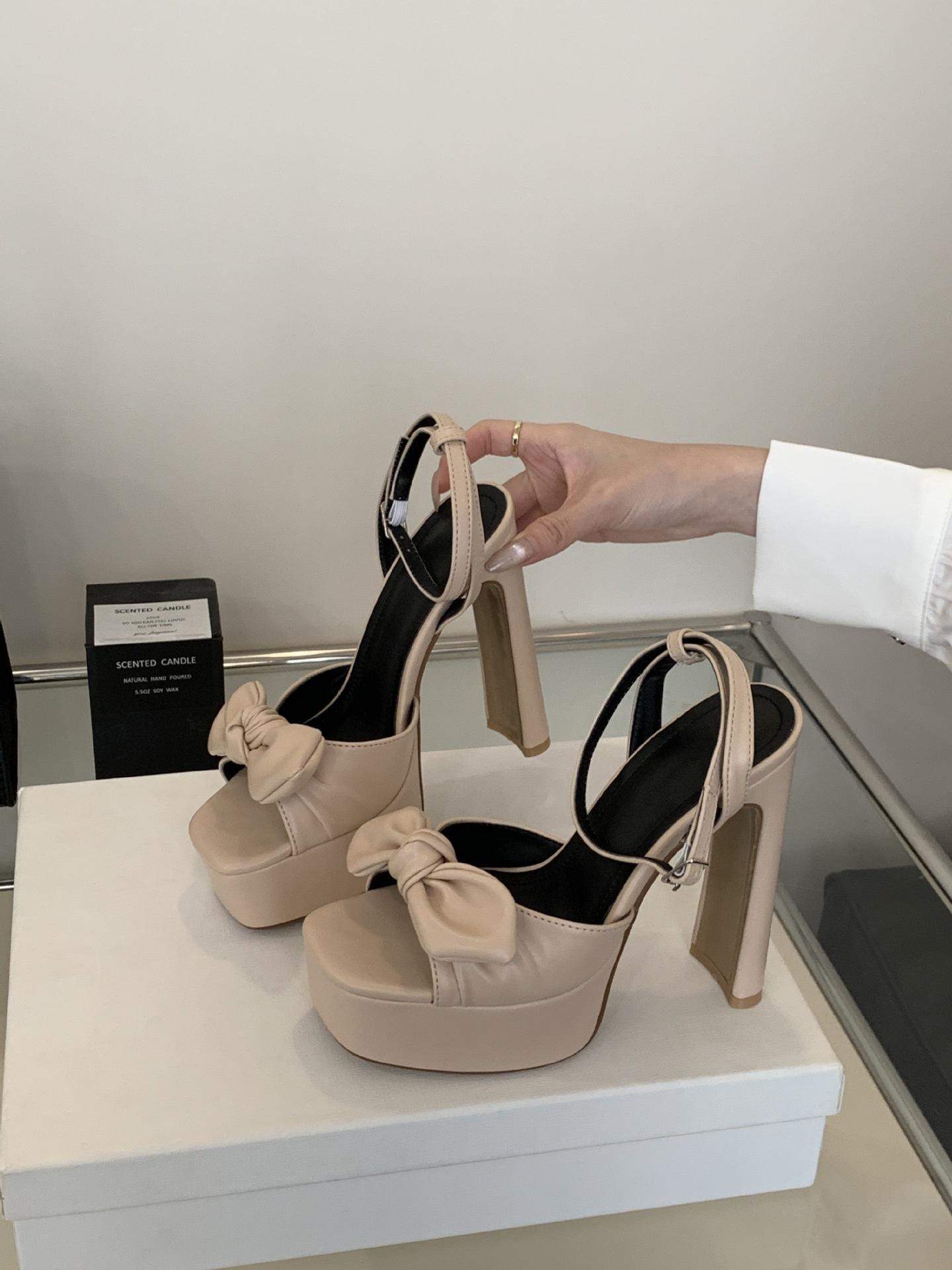 

2025 early spring new bow square head thick high heel, sandals white daily women s shoes 35-42 42 абрикосовый