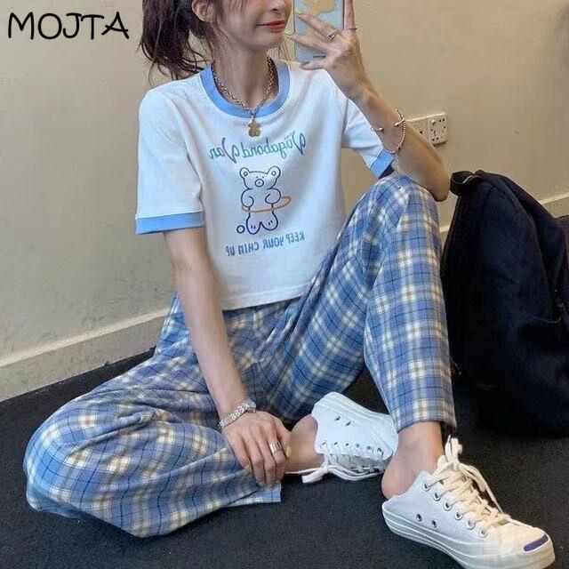 Pantalon Long à carreaux pour femmes, Simple, Vintage, décontracté, mode de rue, jambes droites et larges, été