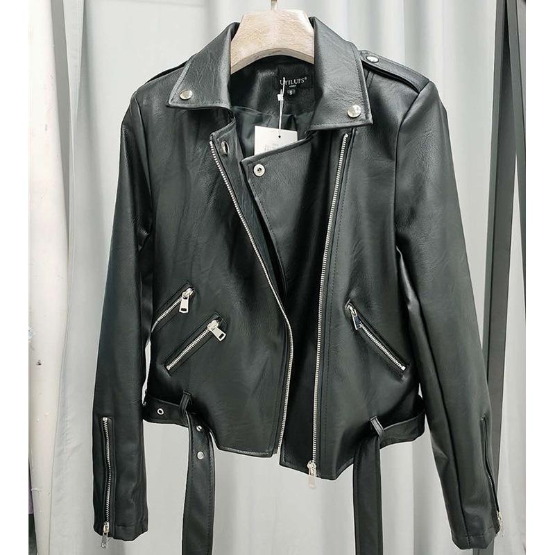 

Черная кожаная куртка для женщин, новая весна и осень корейский стиль модная короткая облегающая куртка из искусственной кожи для мотоцикла XL