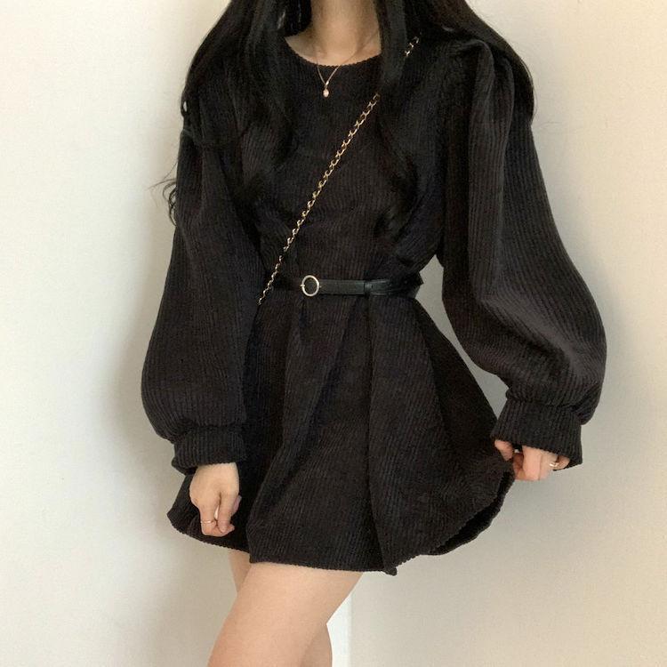 YYFS Damemote våren høsten ensfarget utskrift langermet o-hals høy midje uformelle kjoler