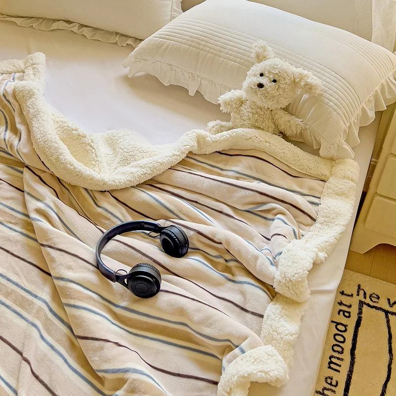 2025 New Striped Milk Fleece Double Blanket Warm Thickened Coral Fleece Office Nap Blanket