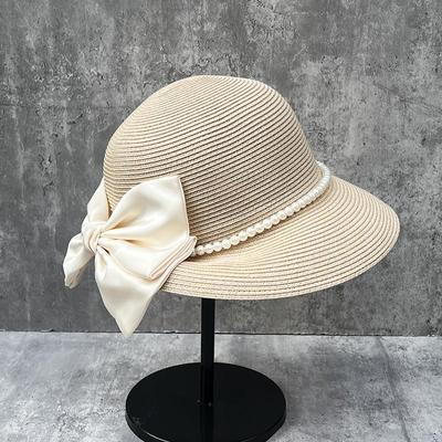 French Elegant Bow Pearl Straw Hat Women'S Beach Hat Big Brim Sun Hat Bucket Hat Top Hat