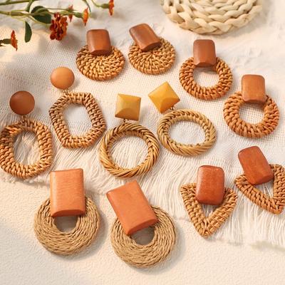 1Pair Bohemian Rattan Knit Earrings Geometric Handmade Jewelry Accessories  for Women Party Jewelry